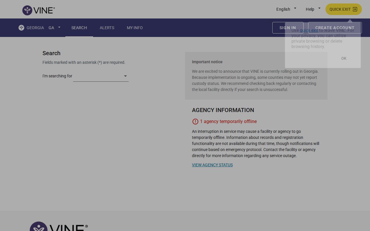 Camden County VINE agency and facility search